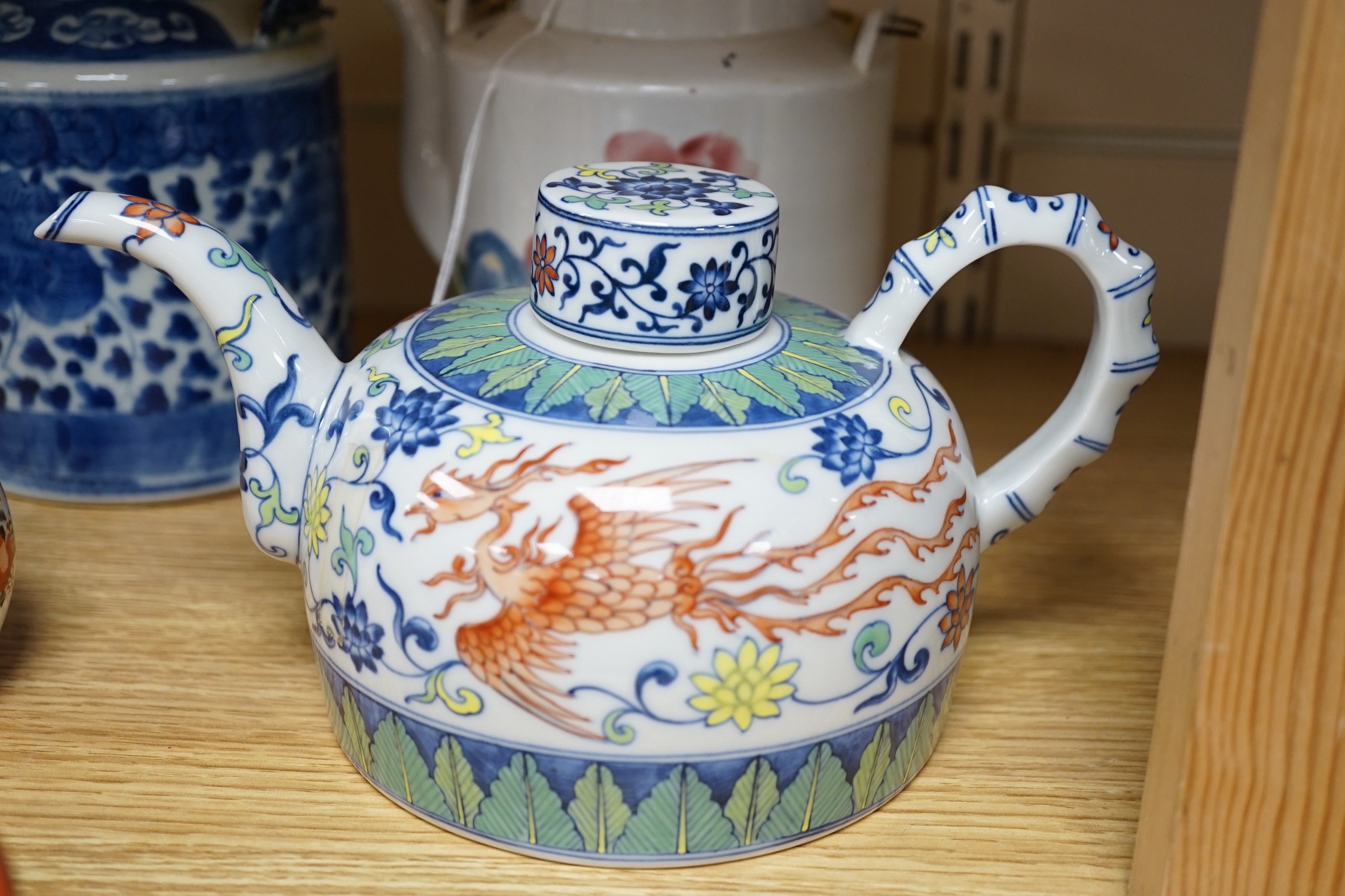 Two pieces of Japanese Kutani, a small Imari vase and three Chinese tea pots